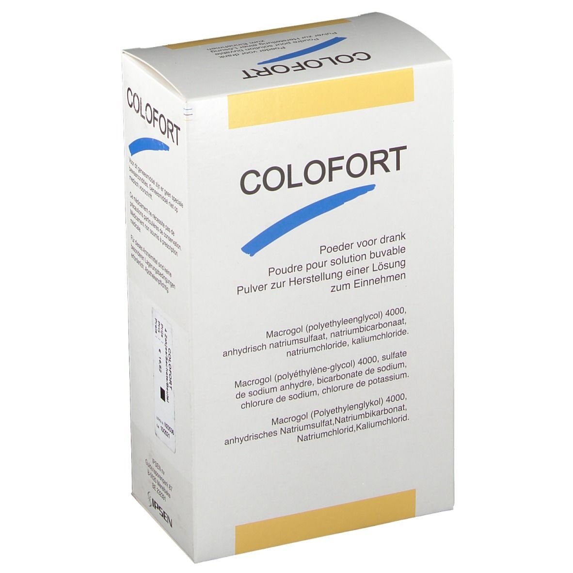 Boîte blanche avec logo COLFORT et informations. Accents jaunes. Texte multilingue.