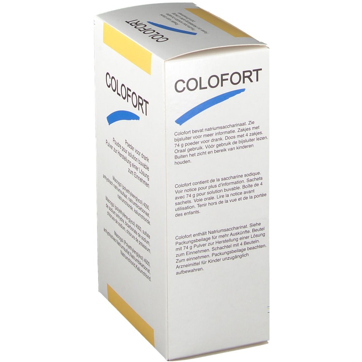 Boîte avec logo COLFORT et texte. Contient des informations sur la composition et l'utilisation. Accents jaunes et bleus.