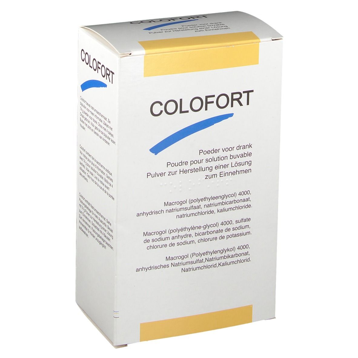 Boîte blanche avec logo COLFORT et informations. Accents jaunes. Texte multilingue.