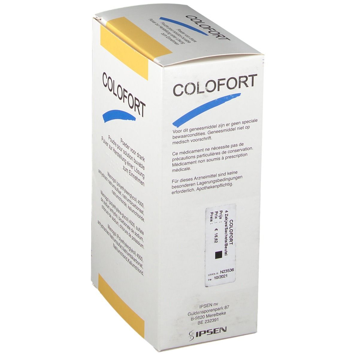 Boîte avec logo COLFORT et texte. Contient des informations sur la composition et l'utilisation. Accents jaunes et bleus.