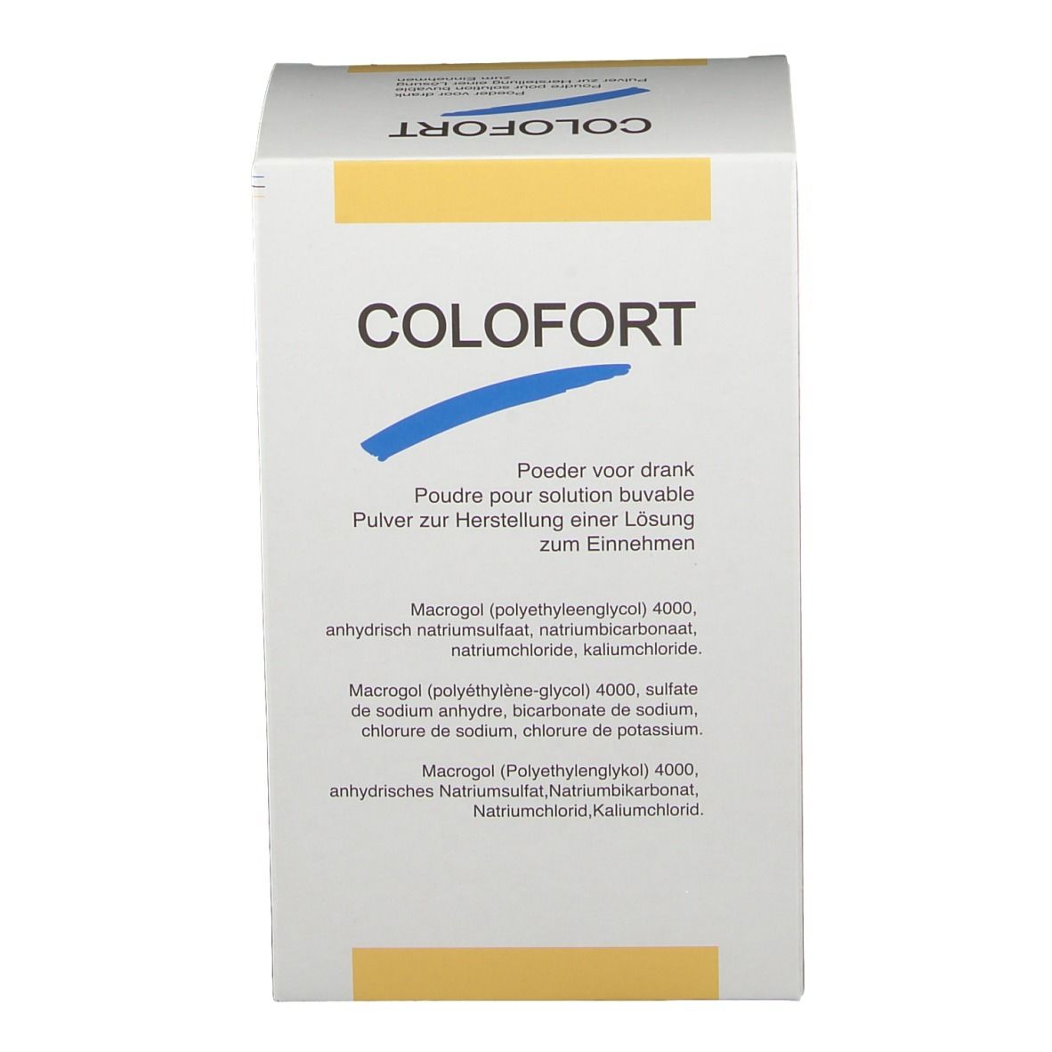 Boîte blanche avec logo COLFORT et informations. Accents jaunes. Texte multilingue.