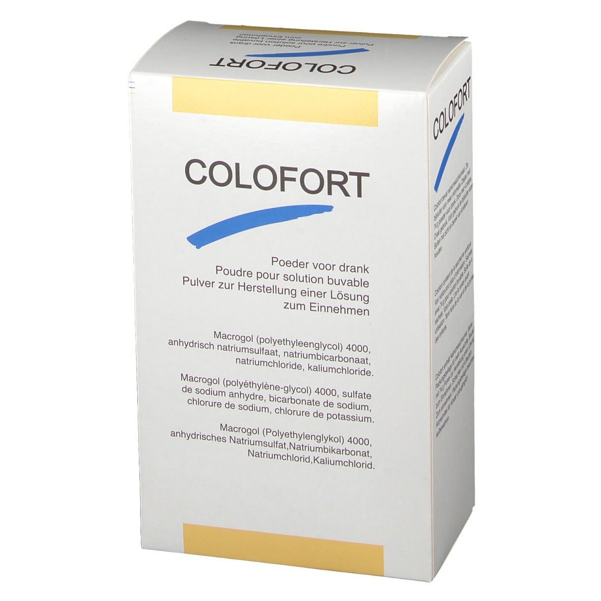 Boîte avec logo COLFORT et texte. Contient des informations sur la composition et l'utilisation. Accents jaunes et bleus.