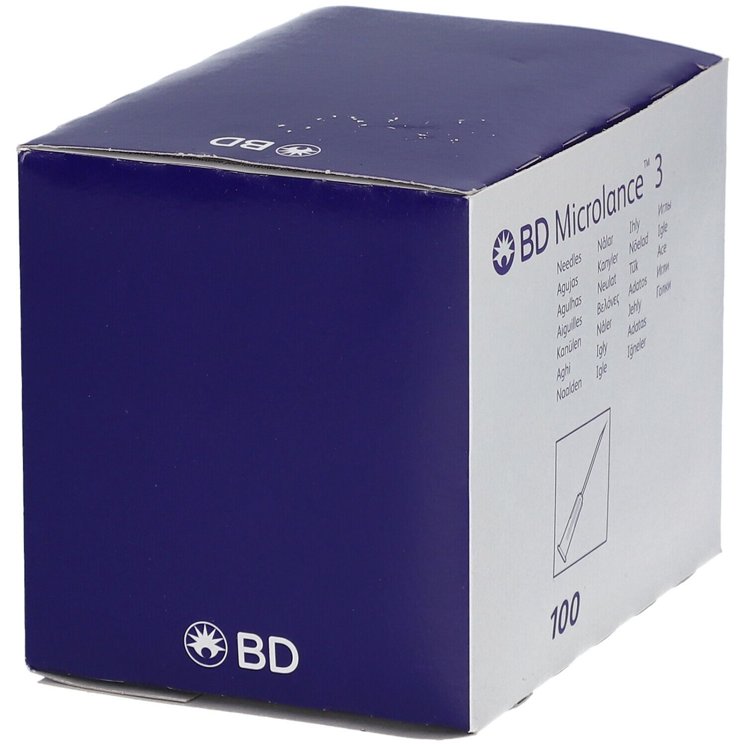 Emballage bleu et blanc de BD Microlance 3. Logo et nom du produit. Contient 100 aiguilles.