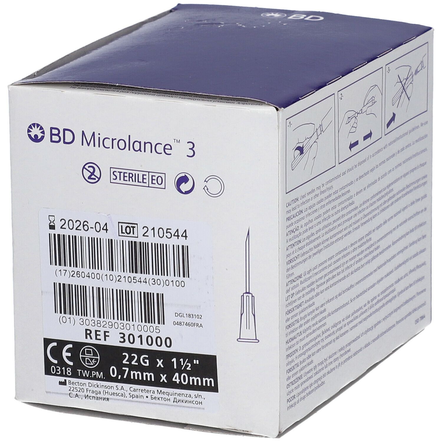 Emballage de BD Microlance 3. Informations produit, numéro de lot, indication de stérilisation. 22G 0,7mm x 40mm.