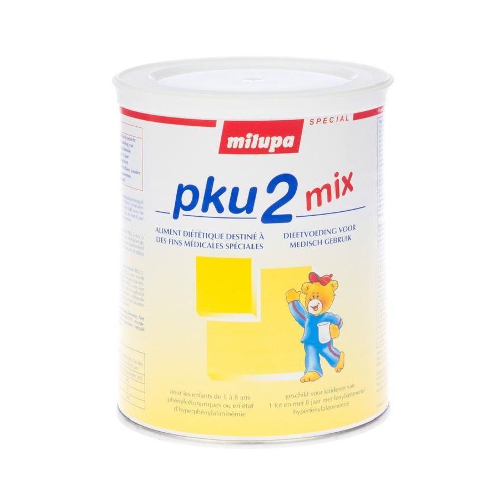 Boîte Milupa PKU 2 Mix. Design blanc, rouge et jaune. Inscription "pku 2 mix". Illustration d'un ours. Texte en français et néerlandais.