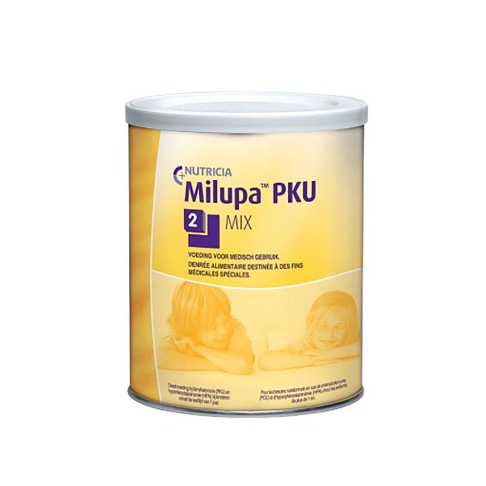 Milupa PKU 2 Mix-blik. Geel en wit ontwerp. Opschrift "Milupa PKU 2 Mix". Illustratie van kinderen. Tekst in het Frans en Nederlands.