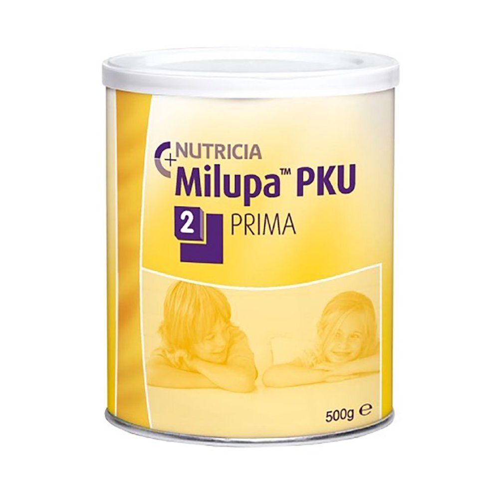 Cilindervormige bus met geel etiket. Opschrift: Milupa PKU 2 Prima. Afbeelding van kinderen. 500g.