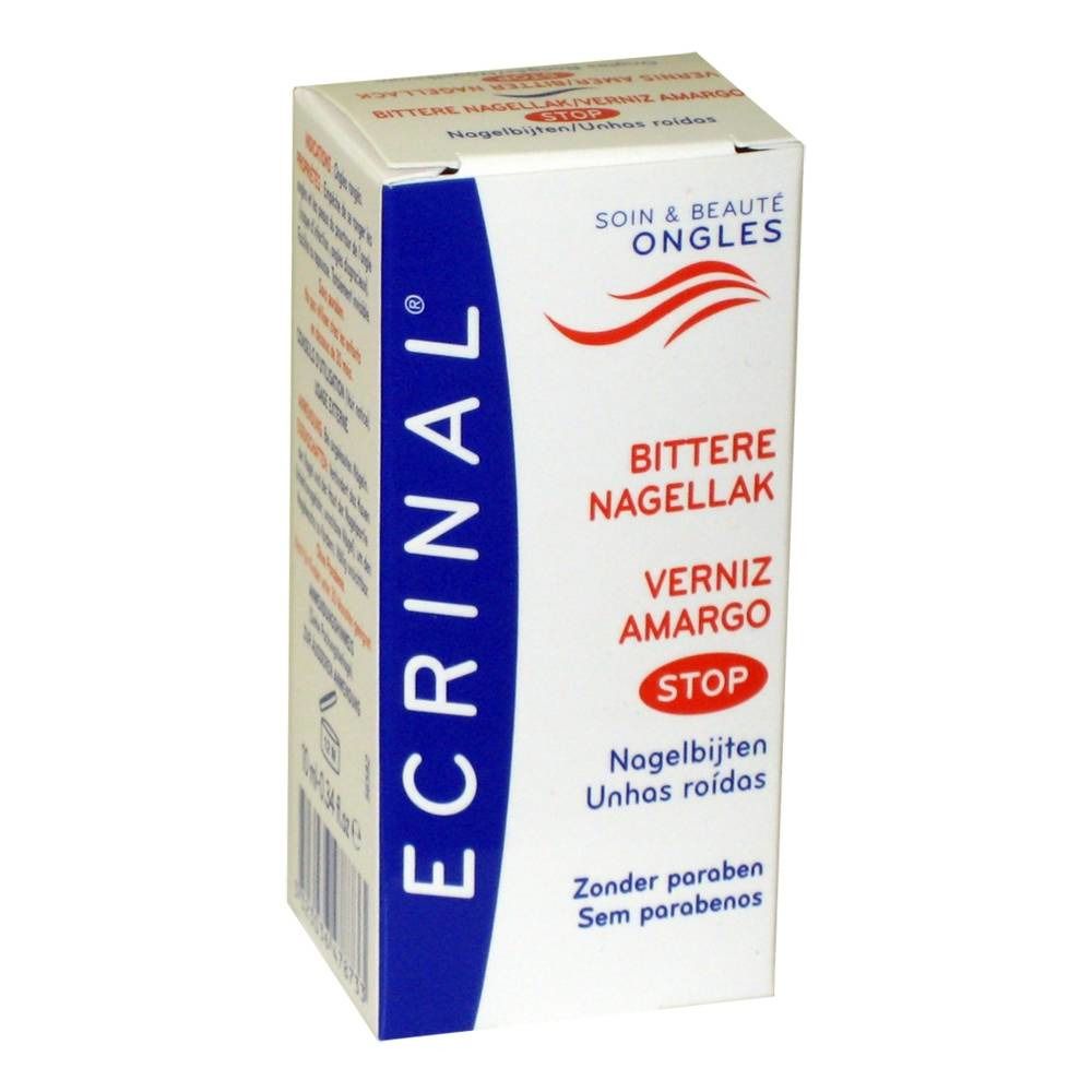 Witte doos met blauwe en rode tekst. Opschrift: Ecrinal, Bittere Nagellak, Stop. Zonder parabenen.