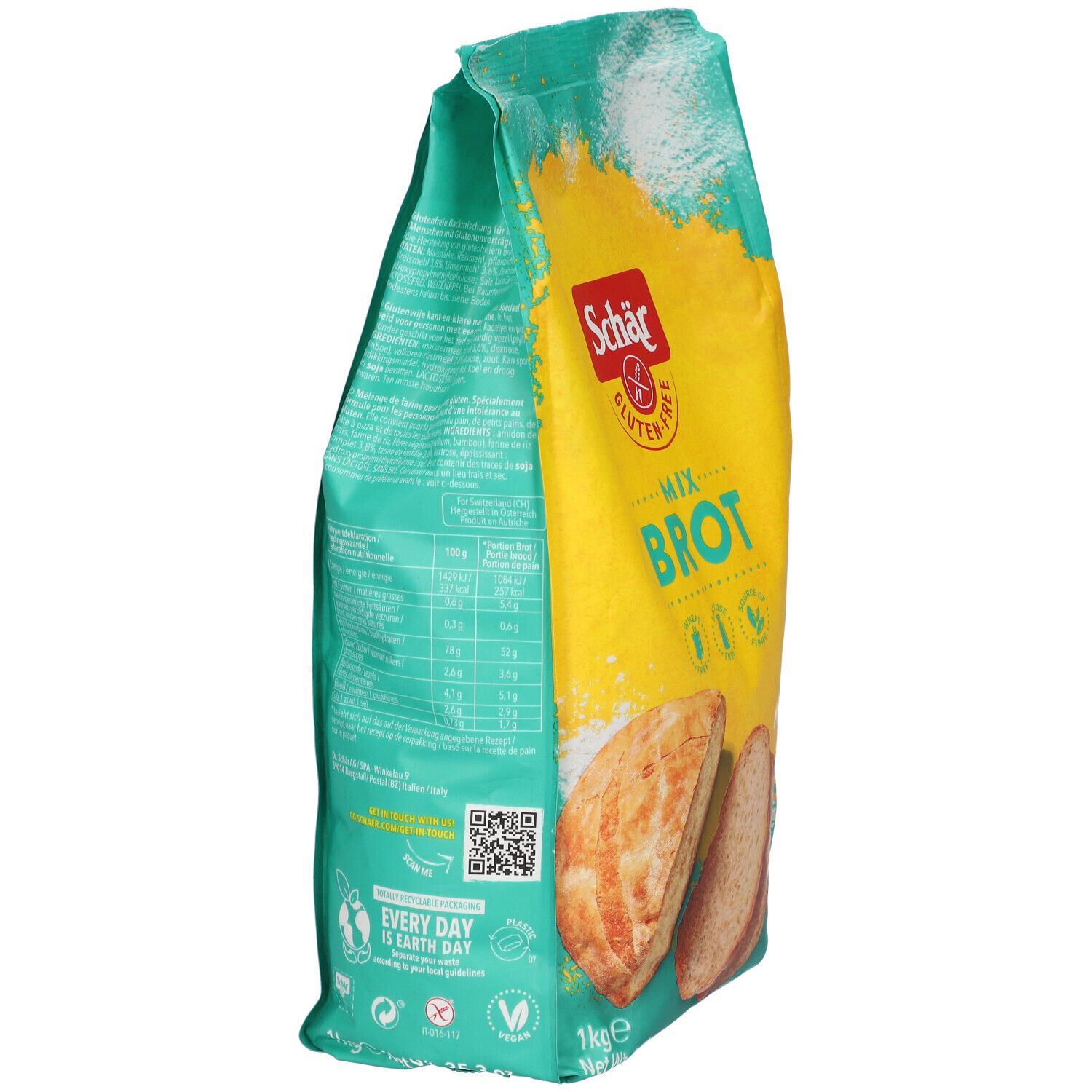 Emballage vert Schär Mix Brot. Vue latérale avec informations nutritionnelles et QR code. Logo et nom.