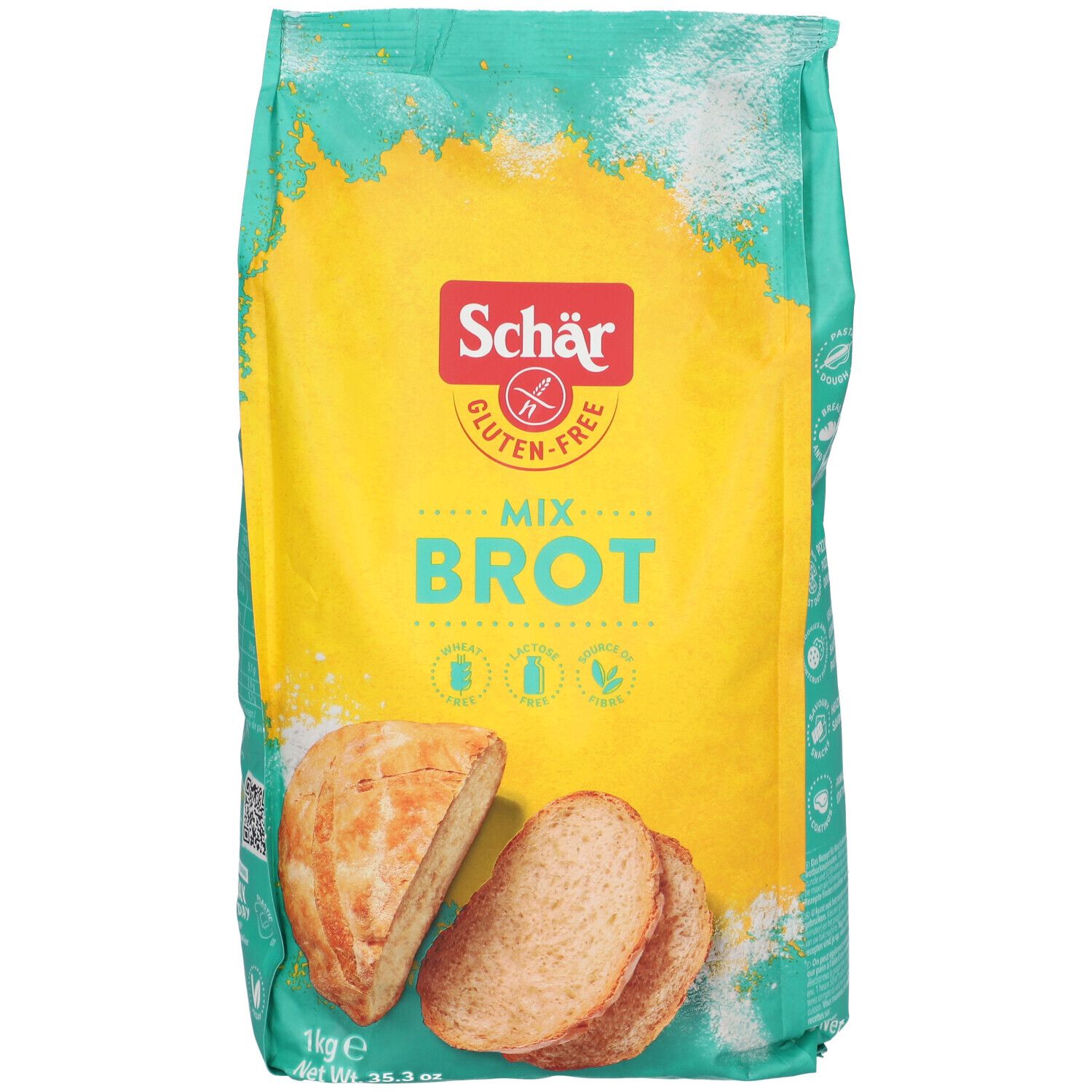 Emballage vert Schär Mix Brot. Vue de face avec image de pain. Logo et nom du produit.