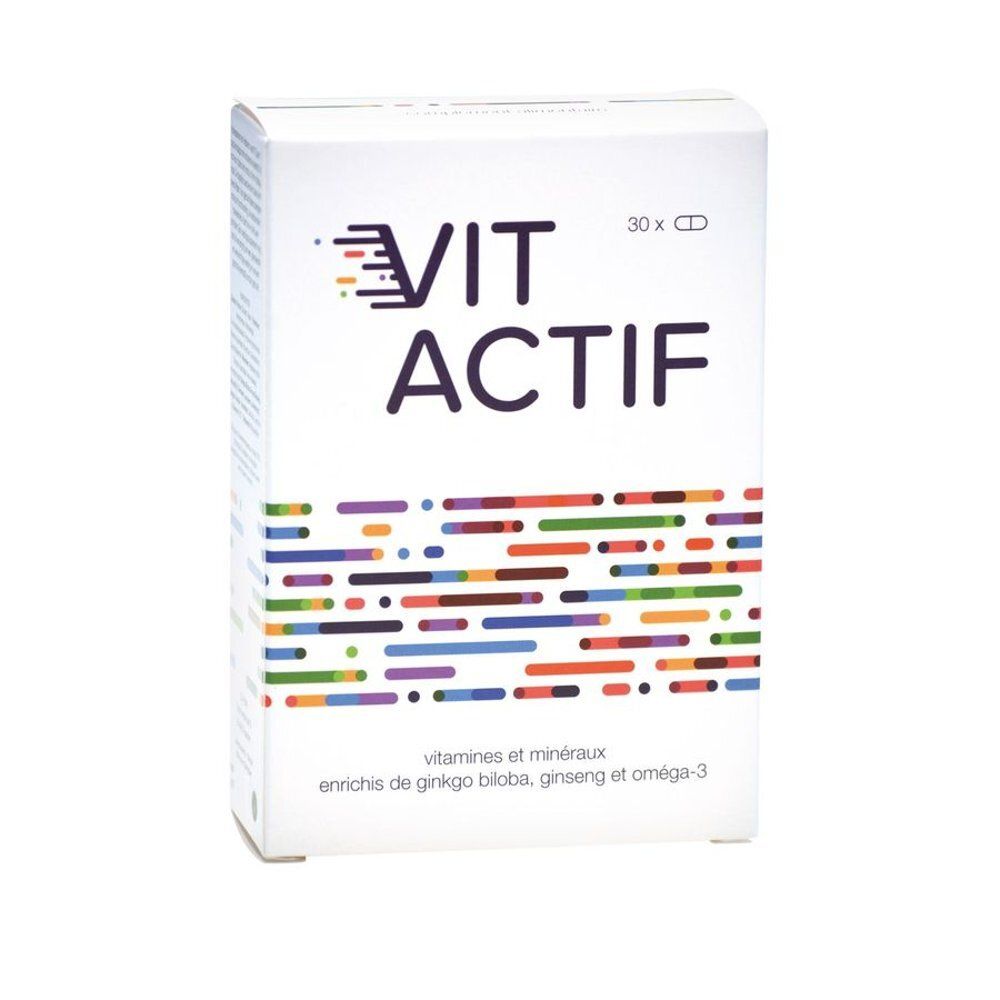 Boîte blanche "VIT ACTIF" avec 30 gélules. Inscription : vitamines et minéraux, enrichi en ginkgo biloba, ginseng et oméga-3.