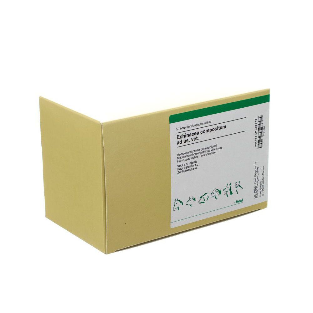 Emballage de Heel Echinacea Compositum ad us. vet. avec informations et logo. Carton beige avec texte vert.
