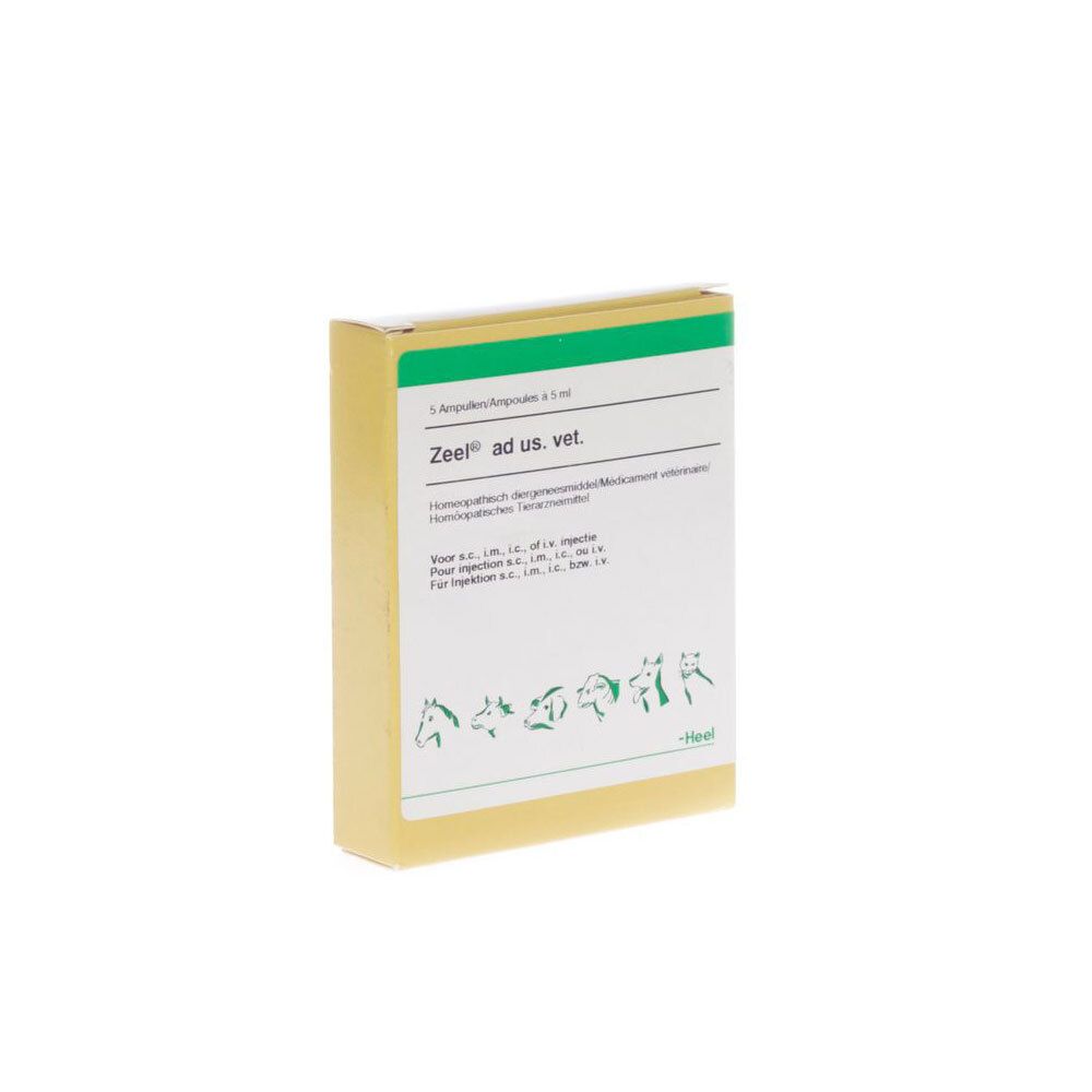 Boîte de Heel Zeel® ad us. vet. Texte vert et blanc. Boîte beige clair.