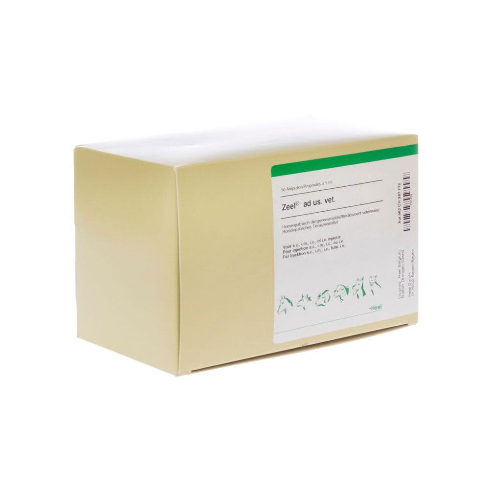 Boîte beige avec étiquette verte et blanche. Texte "Zeel ad us. vet." visible. Code-barres et informations produit.