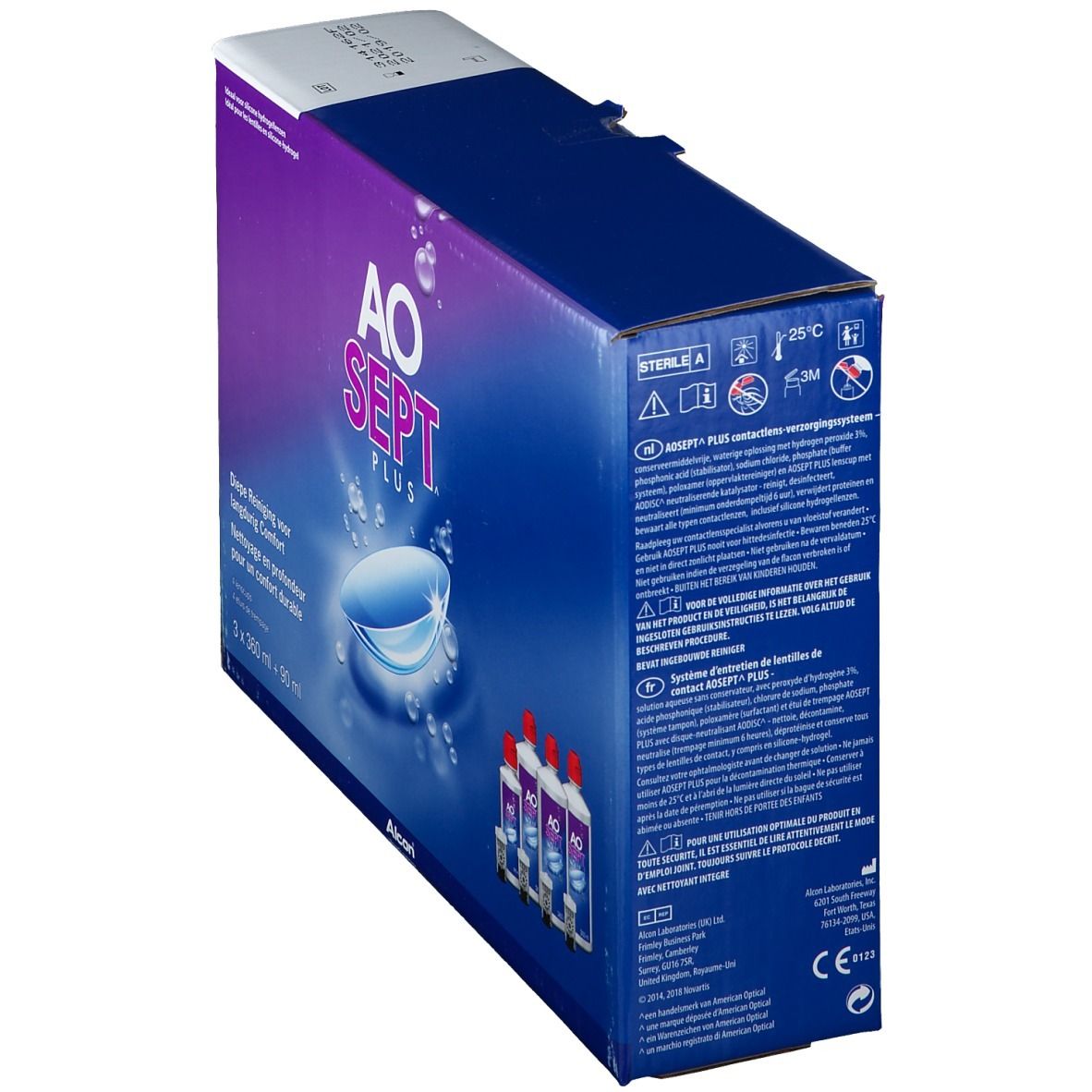 Emballage AOSEPT PLUS. Boîte bleue avec logo et flacons. Contient 3 flacons.