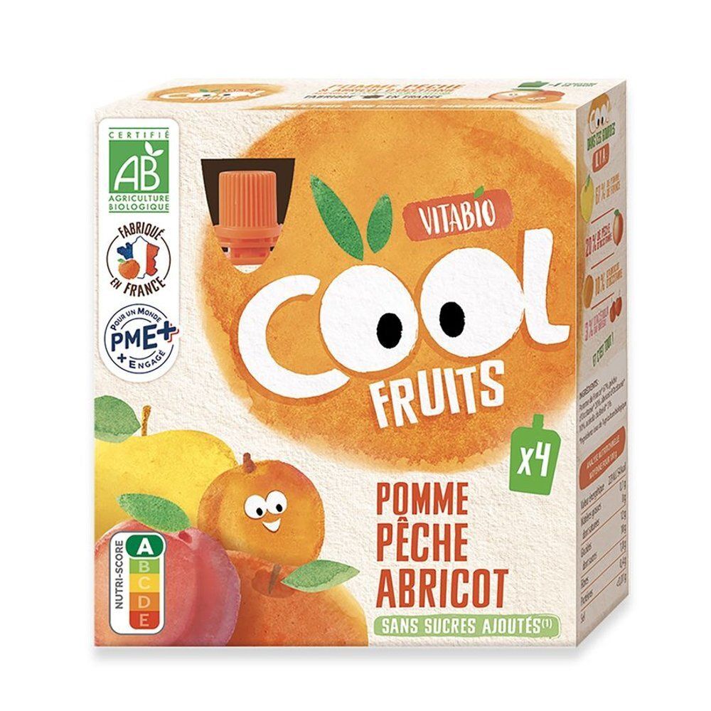 Verpakking van Cool Fruits. Opschrift: Pomme, Pêche, Abricot. Biologische certificering. Zonder toegevoegde suikers. x4.