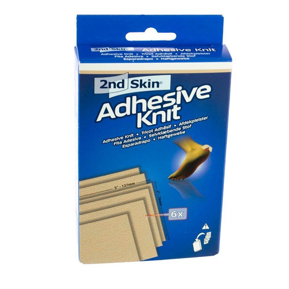 Blauwe en witte verpakking met 'Adhesive Knit' en '2nd Skin'. Zes beige pleisters, 7,5cm x 12,5cm, afgebeeld. Bevat 6 stuks.