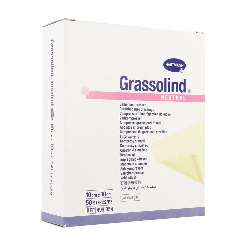 Grassolind neutral verpakking. Zalfkompressen. 10x10cm, 50 stuks. Hartmann logo.