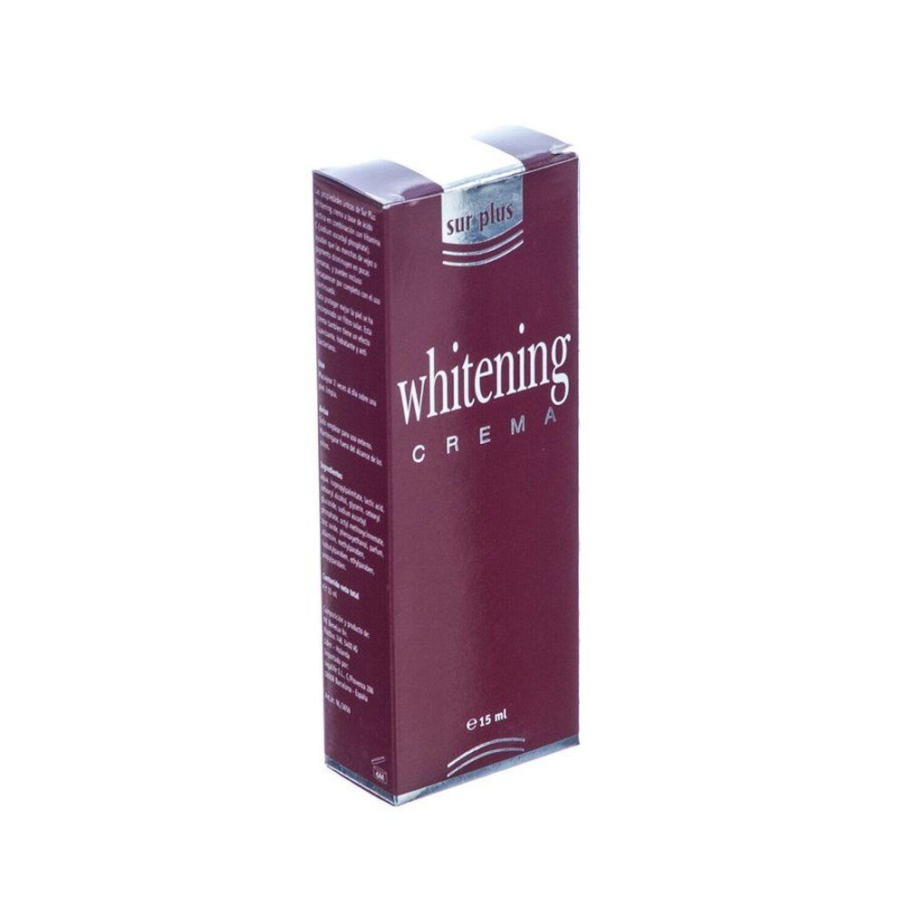 Donkerrode doos met "whitening crema". Merk "sur plus" bovenaan. Inhoud: 15 ml.