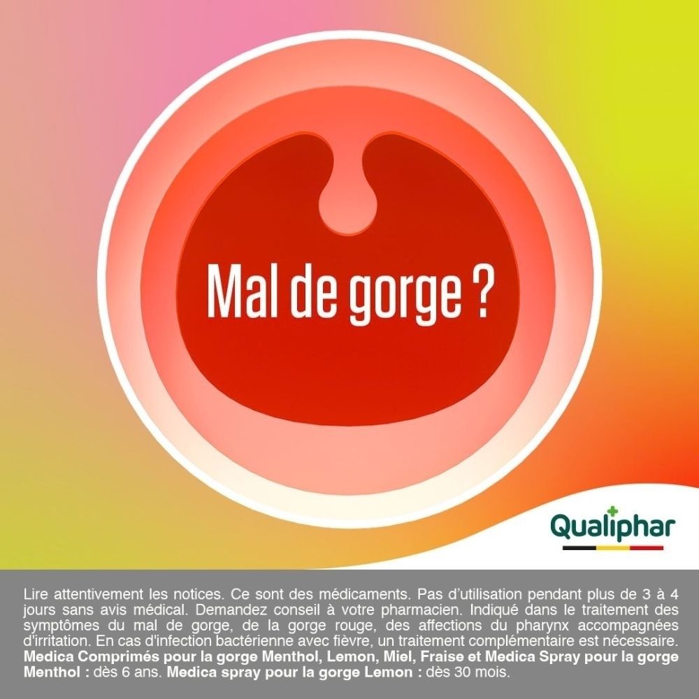 Graphique avec cercle rouge et texte 'Mal de gorge ?'. Comprend le logo Qualiphar.