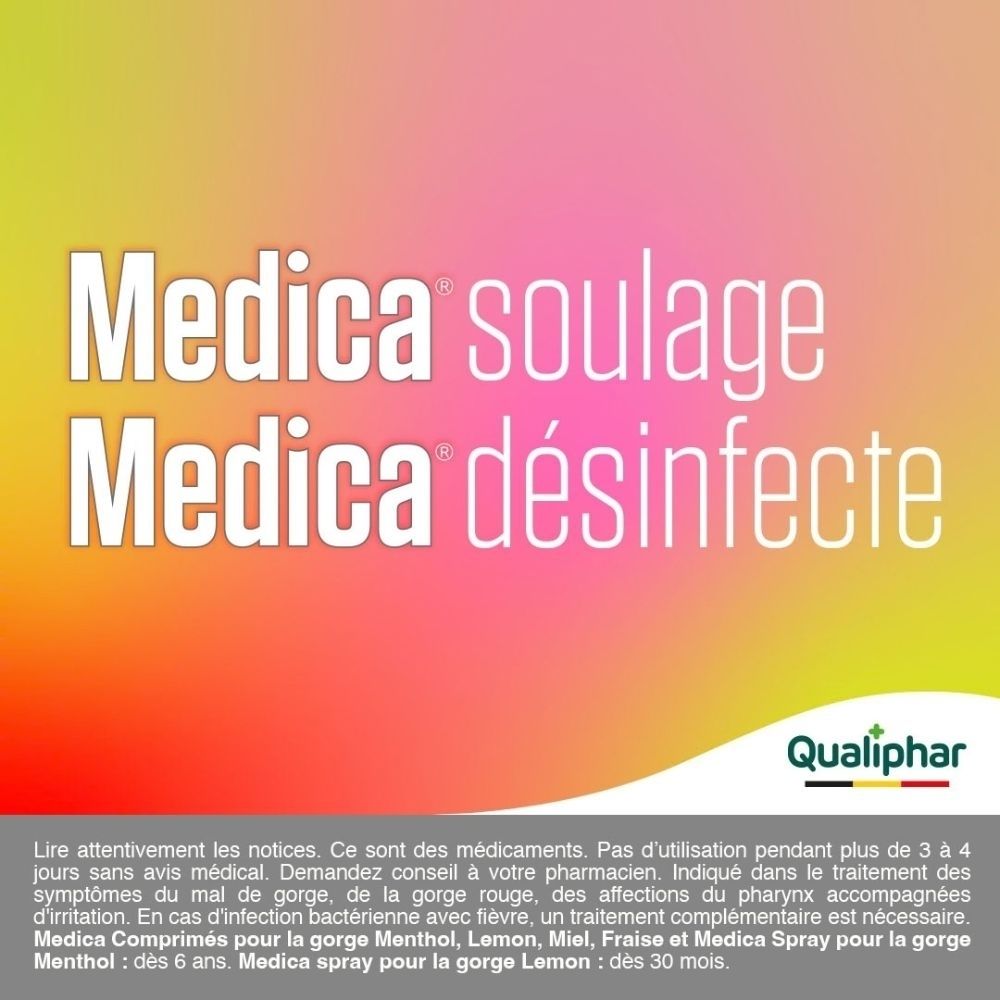 Texte 'Medica soulage' et 'Medica désinfecte' avec logo Qualiphar.