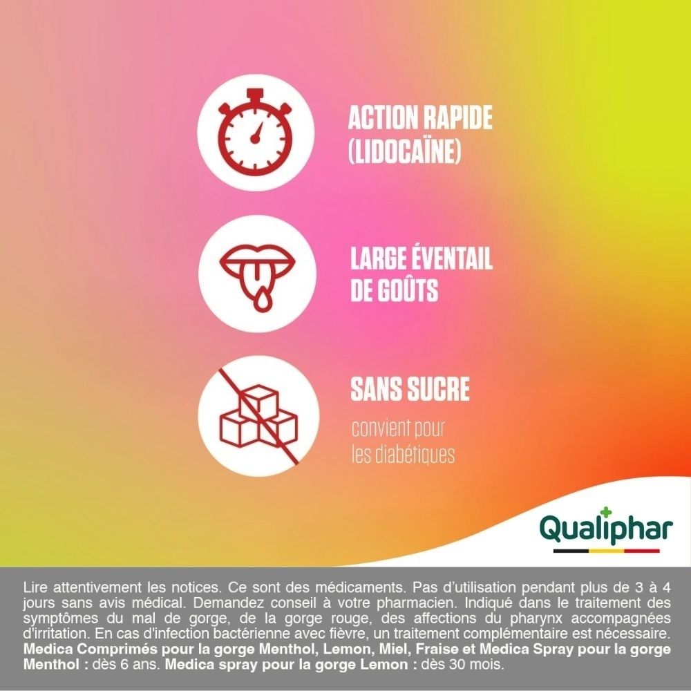 Pastilles pour la gorge Medica : Action rapide, divers goûts, sans sucre. Logo Qualiphar.