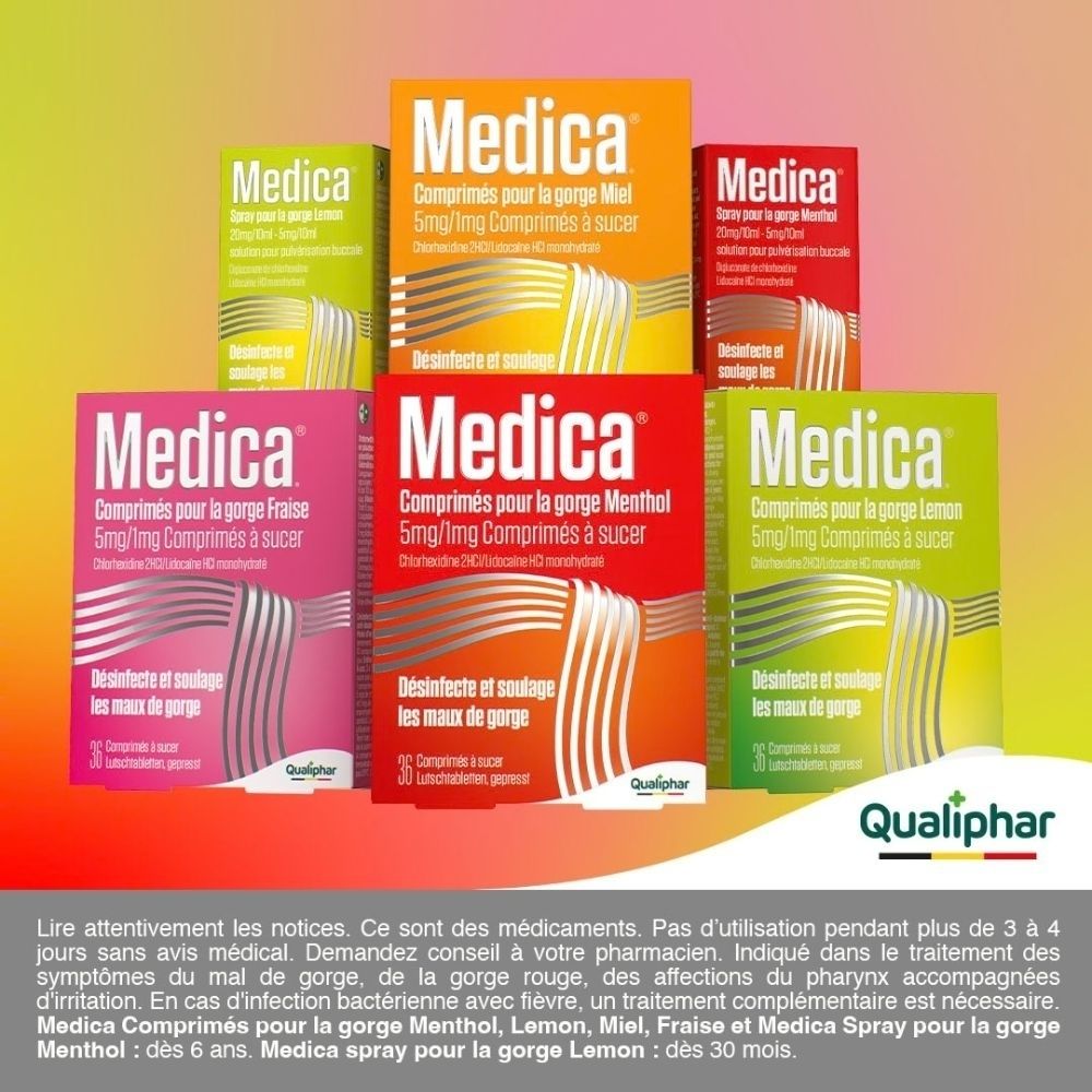 Pastilles et spray pour la gorge Medica de Qualiphar. Divers parfums et emballages.