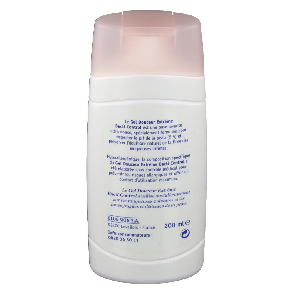 Dos du flacon blanc avec bouchon rose. Informations textuelles et logo visibles.