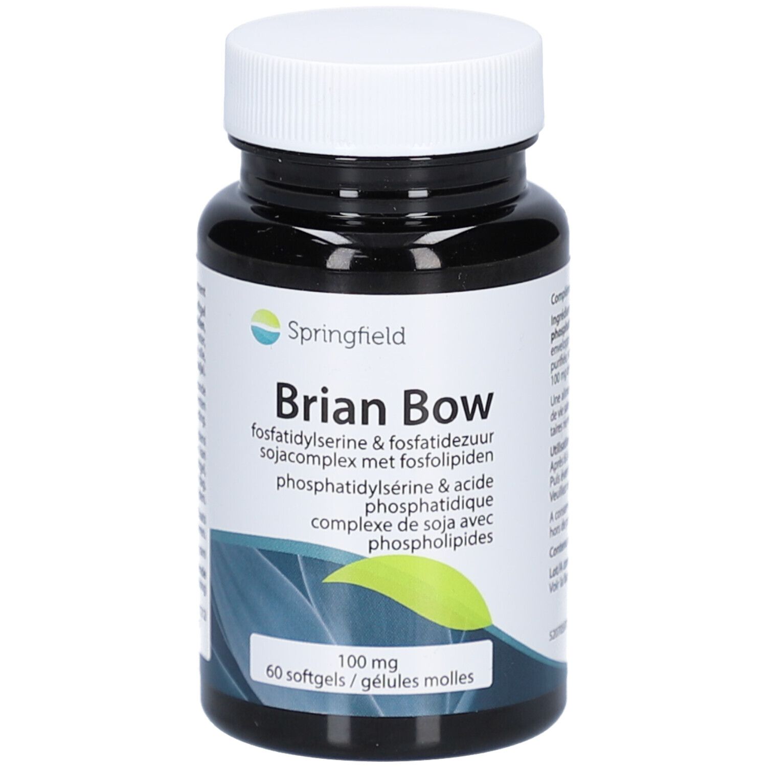 Flacon noir avec bouchon blanc. Inscription: Springfield Brian Bow Pas-Cplx 100 mg. 60 gélules. Nom du produit et logo.