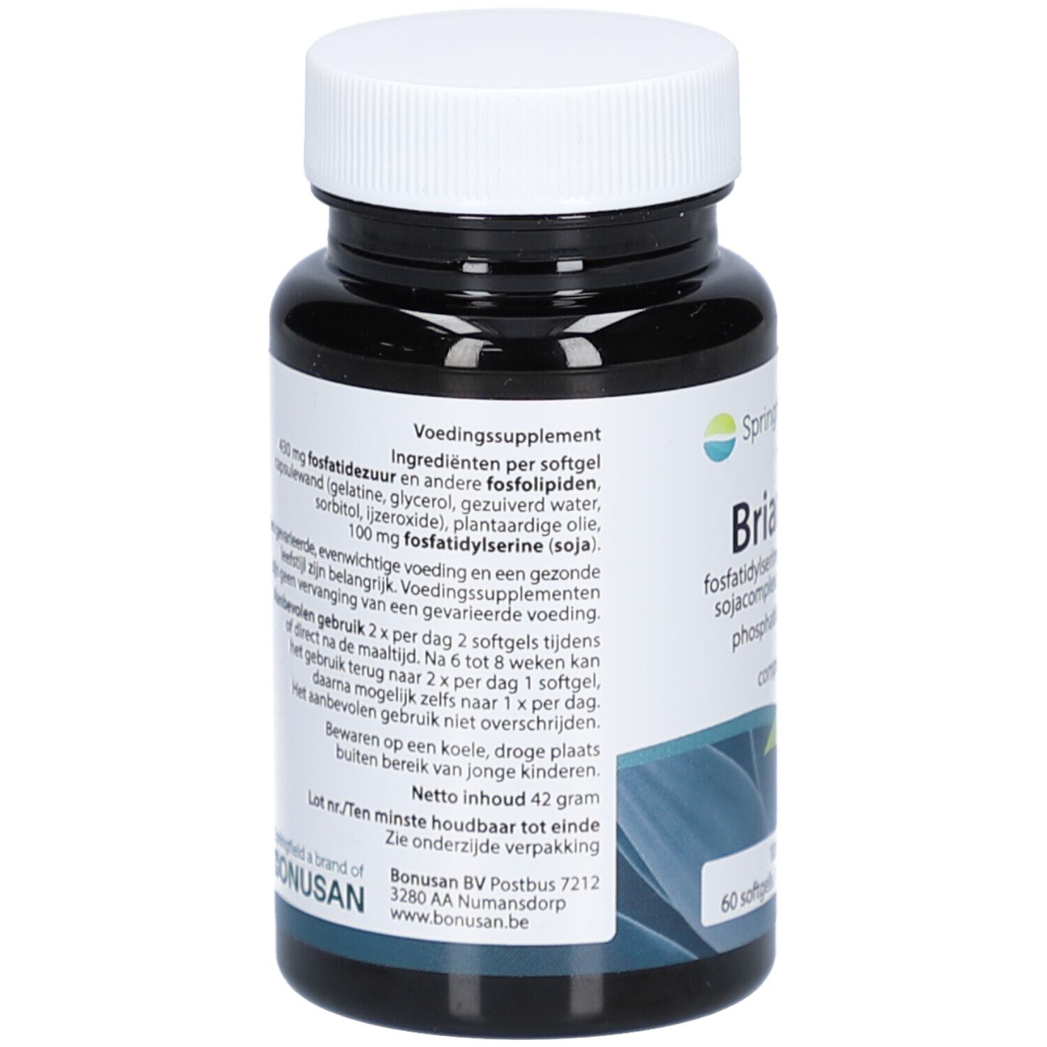 Dos du flacon noir. Texte avec ingrédients et instructions d'utilisation. Nom du produit et logo. 60 gélules.