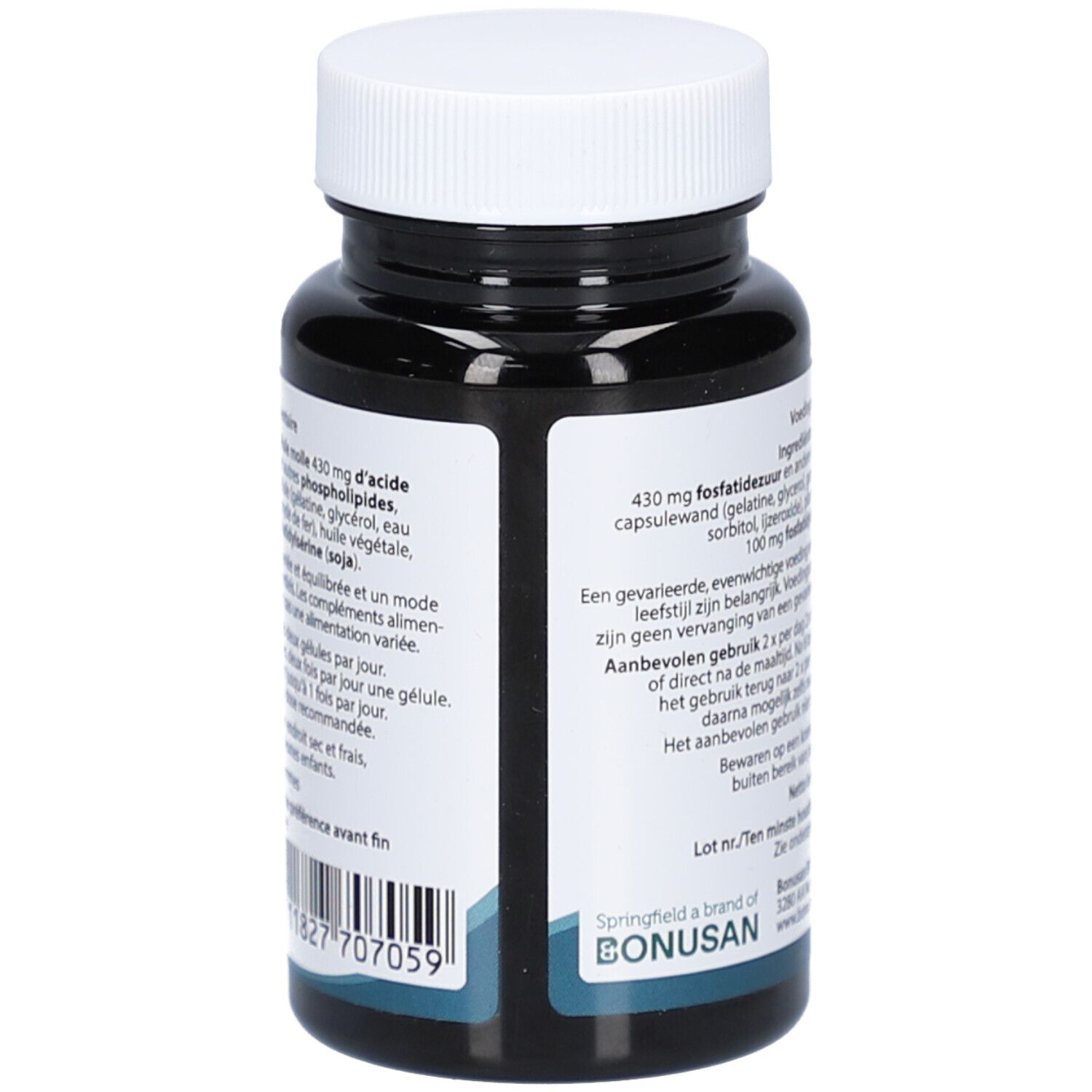 Dos du flacon noir. Texte avec ingrédients et instructions d'utilisation. Nom du produit et logo. 60 gélules.