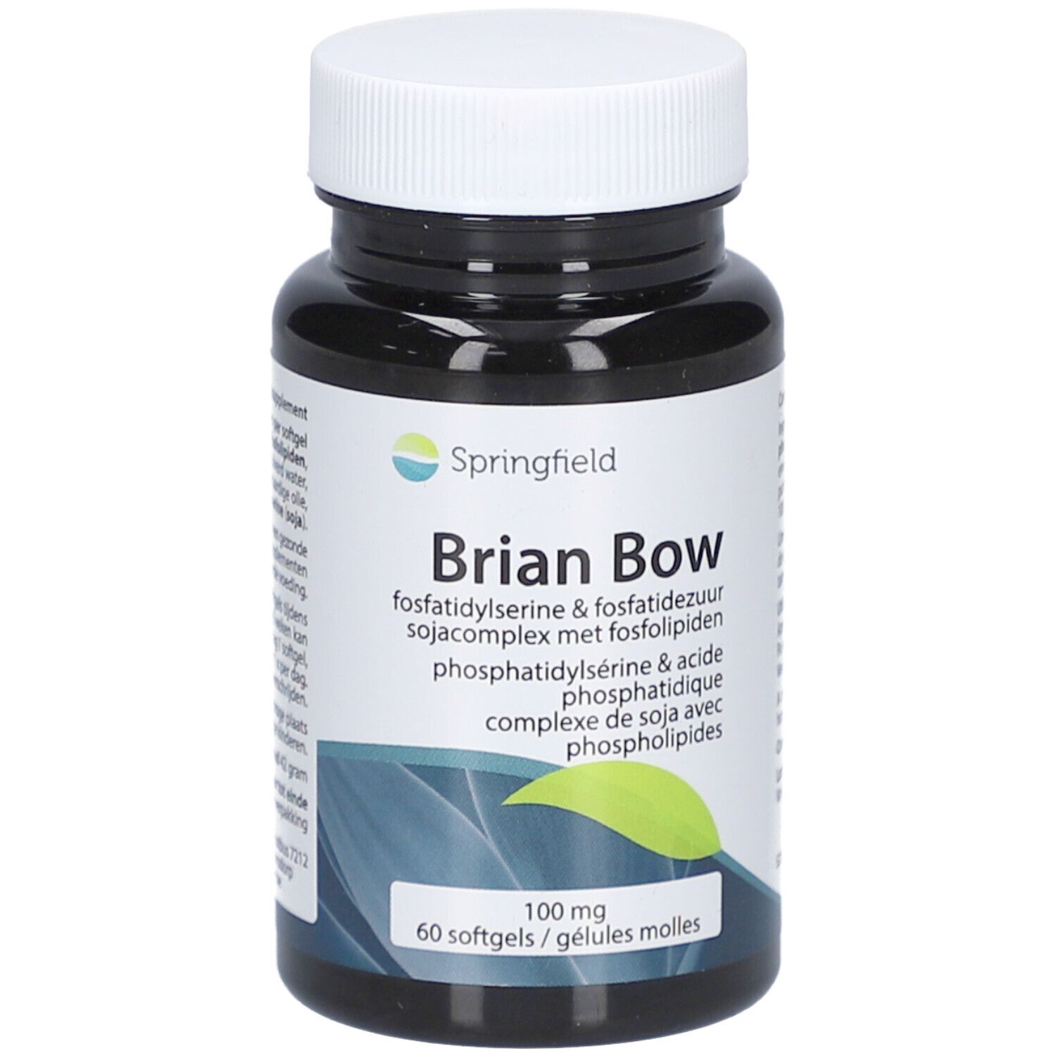 Flacon noir avec bouchon blanc. Inscription: Springfield Brian Bow Pas-Cplx 100 mg. 60 gélules. Nom du produit et logo.