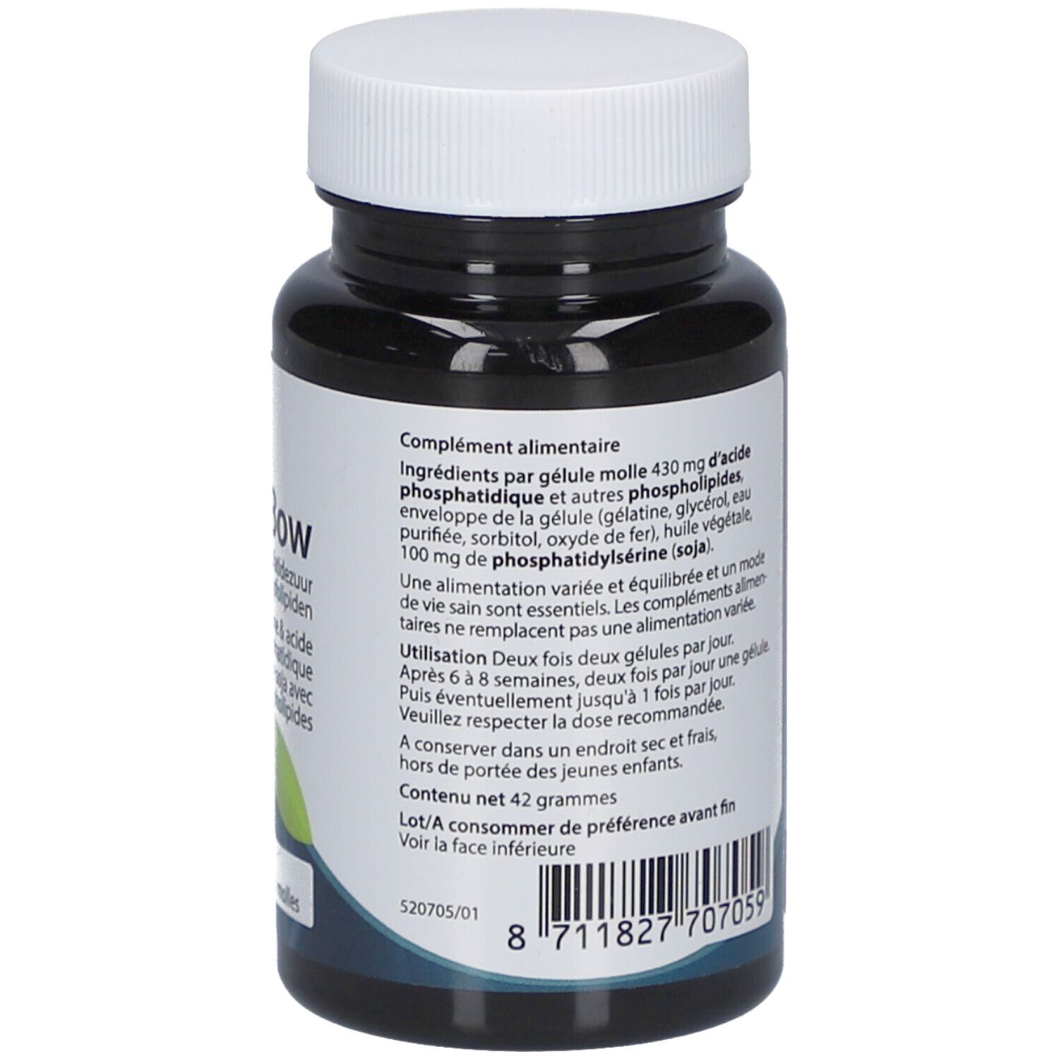 Dos du flacon noir. Texte avec ingrédients et instructions d'utilisation. Nom du produit et logo. 60 gélules.