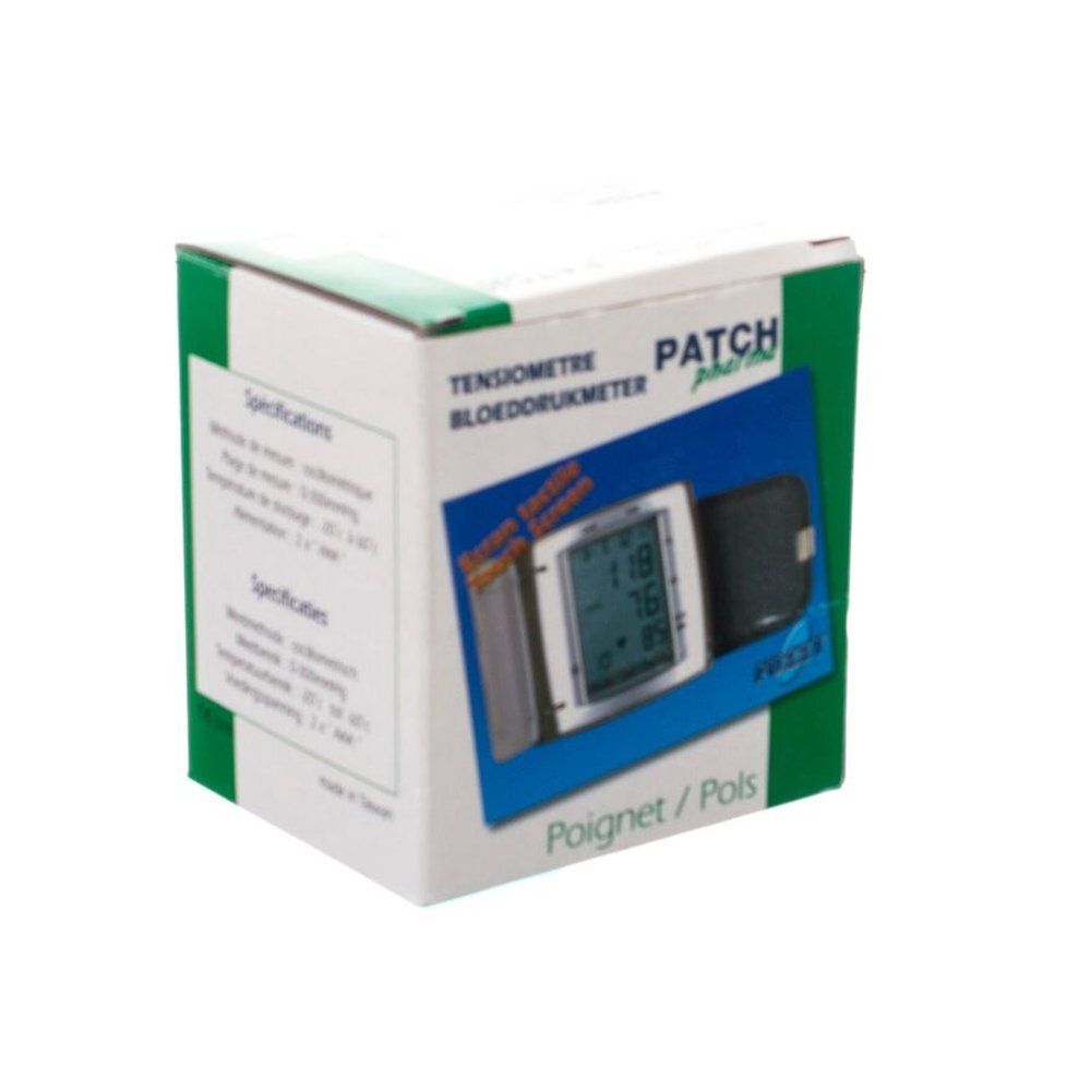 Boîte d'un tensiomètre. La boîte affiche "PATCH pharma" et "Tensiomètre". L'appareil est représenté sur l'écran.