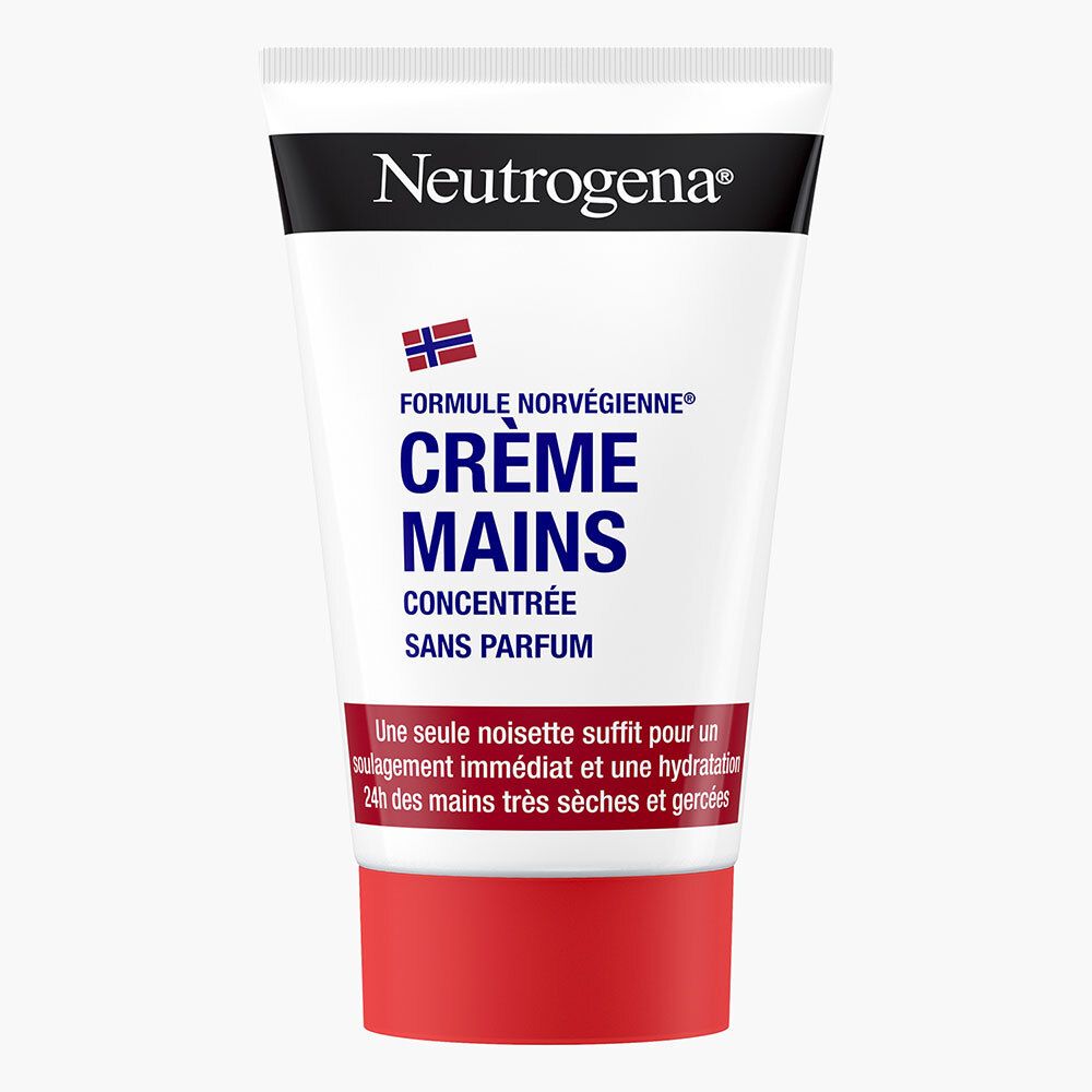 Tube blanc, bouchon rouge. Neutrogena Crème Mains Concentrée Non Parfumée. Texte bleu, drapeau norvégien.