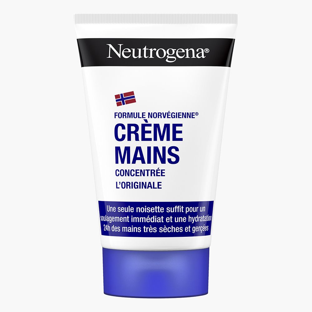 Witte tube met blauwe dop. Neutrogena Crème Mains concentrée. Noorse formule. Tekst.