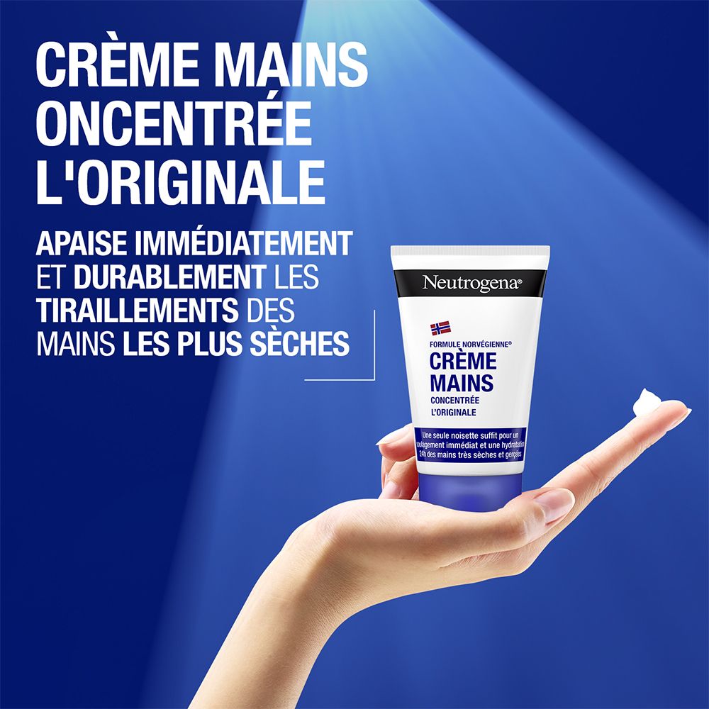 Hand met crème. Neutrogena Crème Mains concentrée. Tekst. Blauwe achtergrond.