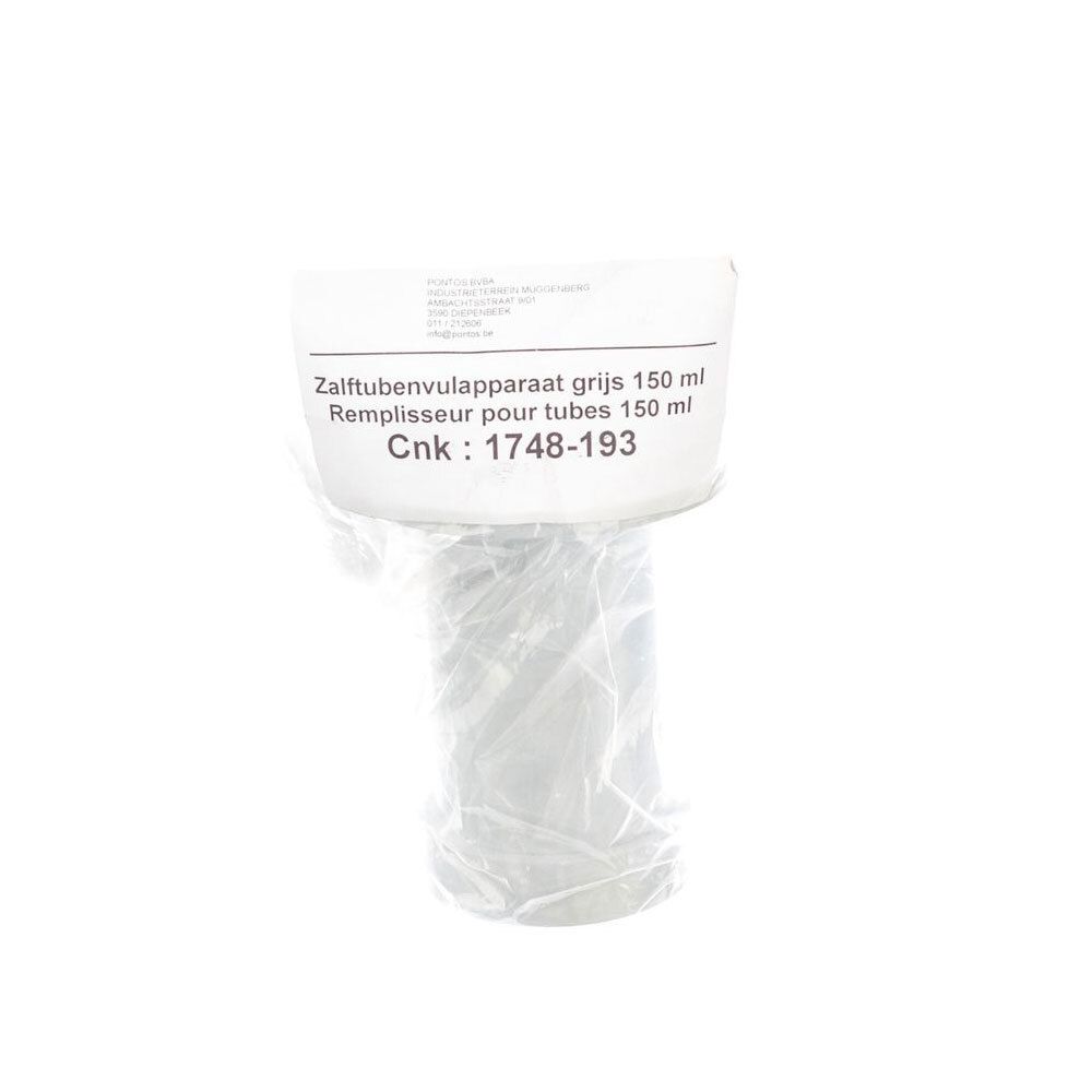 Grijze tube-vuller, gedeeltelijk verpakt in plastic. Opschrift: Remplisseur pour tubes 150 ml. Cnk: 1748-193.