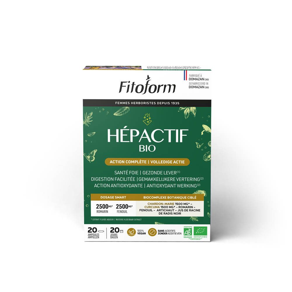 Fitoform Hepactif Bio verpakking. Tekst: Hépactif Bio, Action Complète, Santé Foie. Met EU-keurmerken. 20 capsules.
