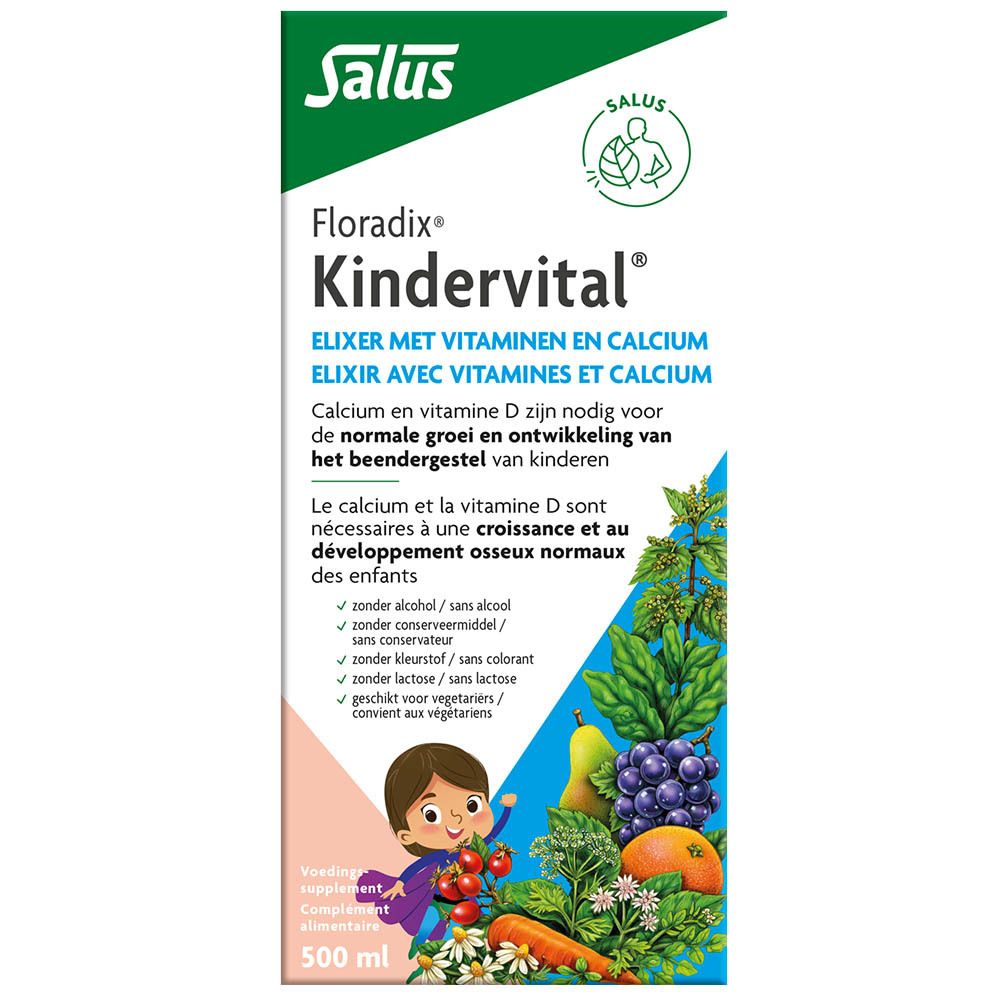 Verpakking van Salus Floradix Kindervital. Bevat multivitaminen met calcium. Opschrift in het Nederlands, Frans en Duits.