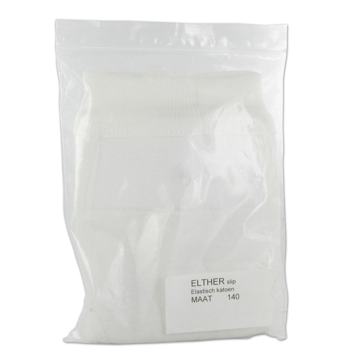 Slip blanc dans un emballage plastique. Étiquette avec nom du produit : Elther slip, Elastisch katoen, MAAT 140.