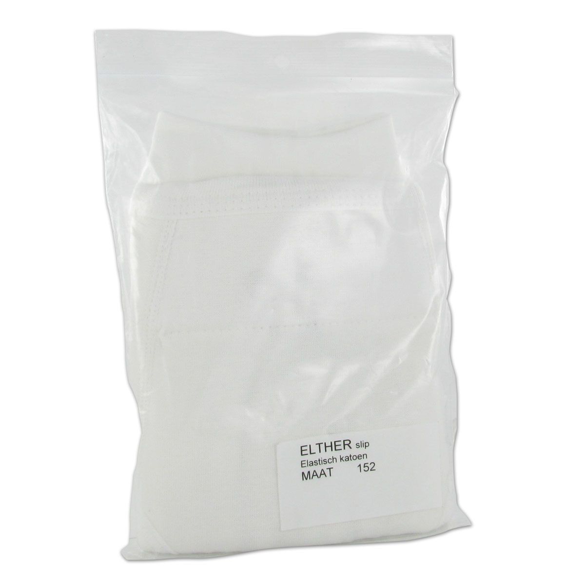 Slip blanc dans un emballage plastique. Étiquette avec "ELTHER slip", "Elastisch katoen", "MAAT 152".