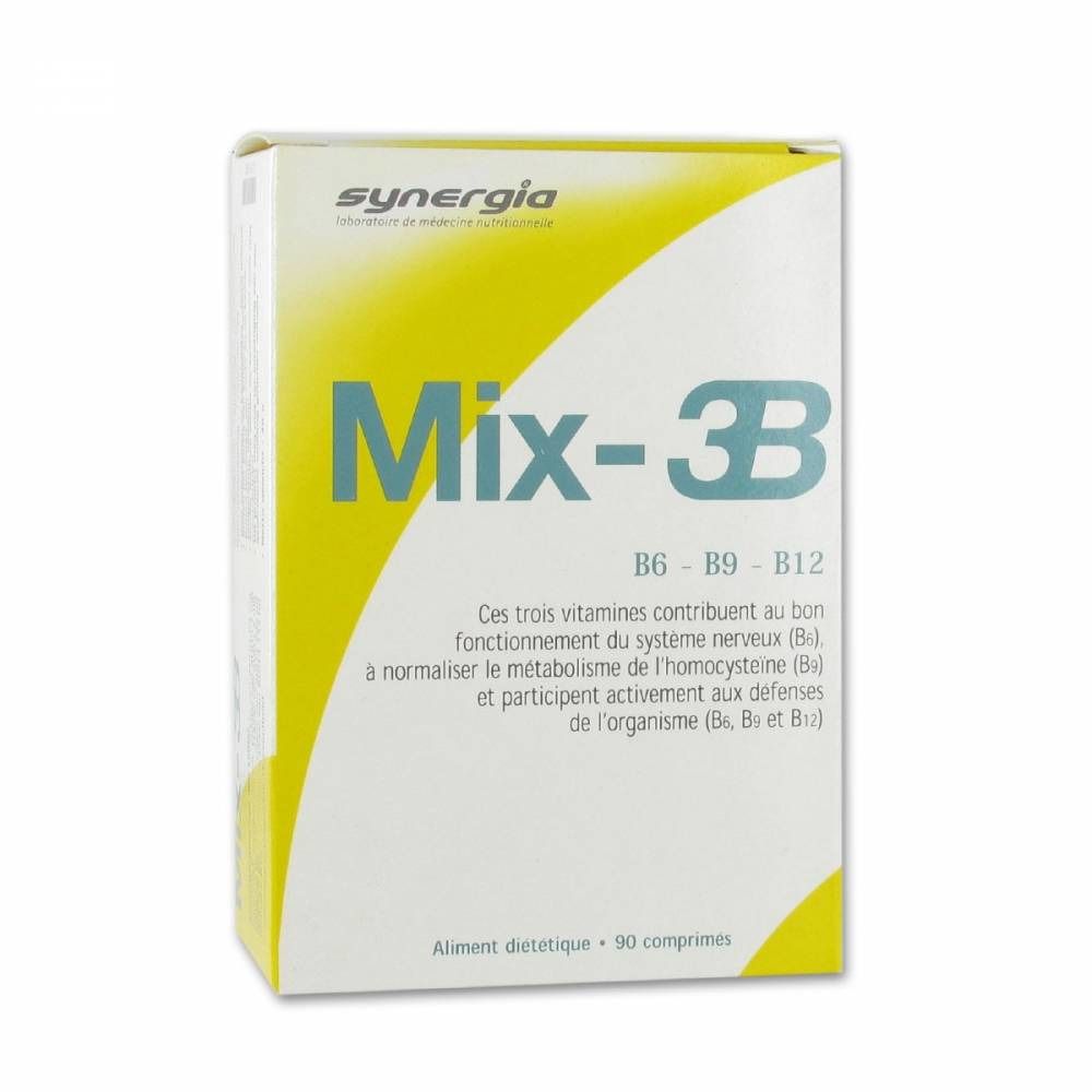 Verpakking Mix-3B met vitamines B6, B9, B12. Witte en gele doos met tekst en logo Synergia.