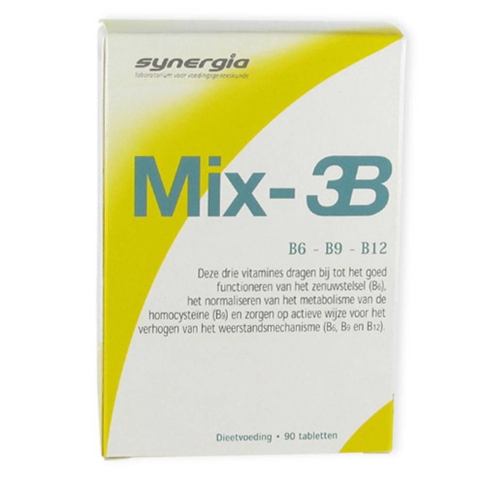 Verpakking Mix-3B met vitamines B6, B9, B12. Witte en gele doos met tekst en logo Synergia.
