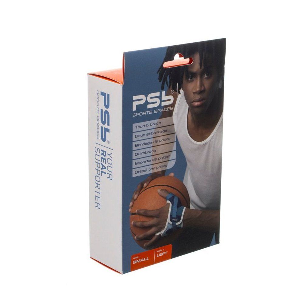 Verpakking PSB Sports Braces. Opschrift: Thumb brace, duimbandage. Klein, links. Illustratie van een man met basketbal.