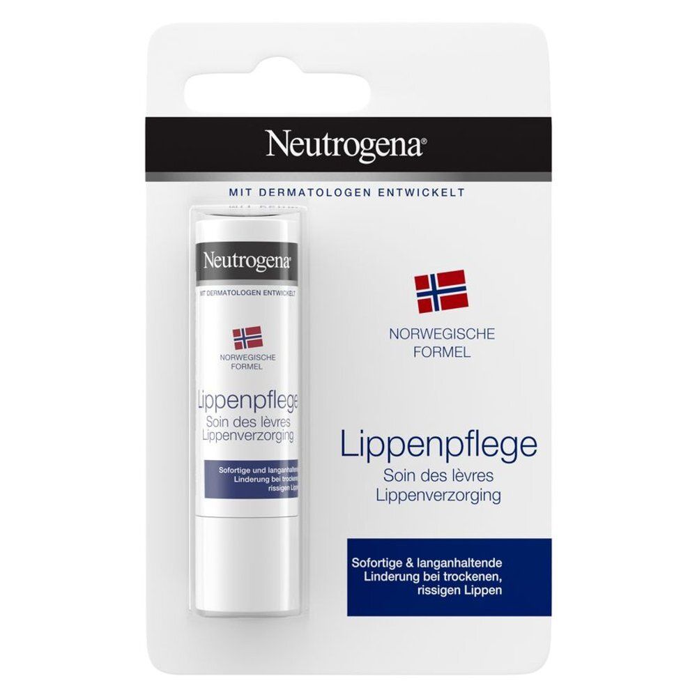 Neutrogena lippenbalsem stick. Witte stick met zwarte dop. Tekst: stick lèvres nutrition. Noorse formule.