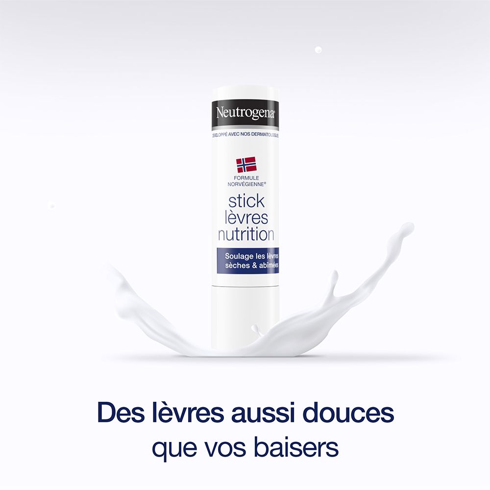 Stick lèvres Neutrogena avec éclaboussure de lait. Texte: Des lèvres aussi douces que vos baisers.