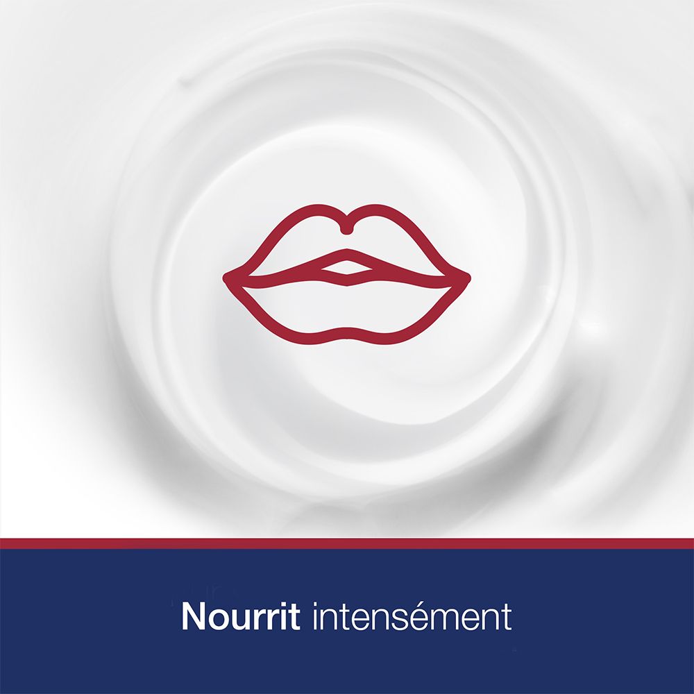 Icône de lèvres rouges sur fond blanc. Texte: Nourrit intensément.