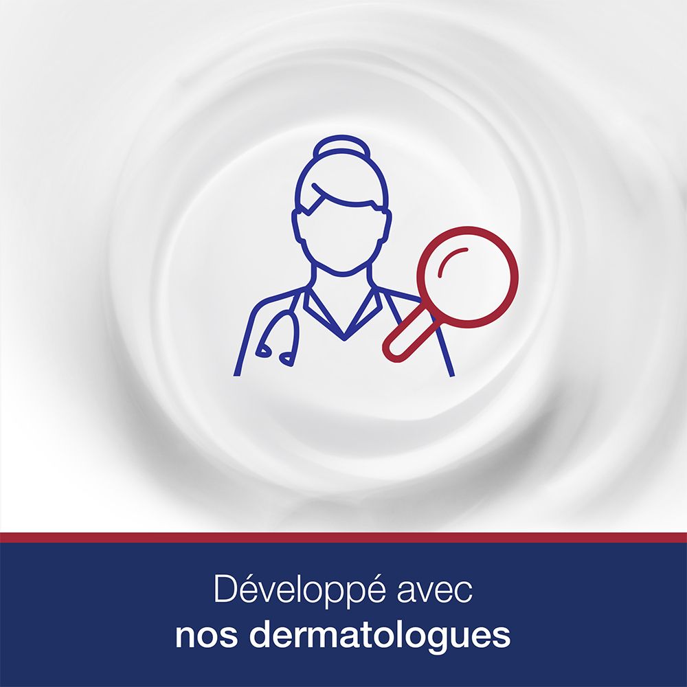 Icône de médecin avec loupe sur fond blanc. Texte: Développé avec nos dermatologues.