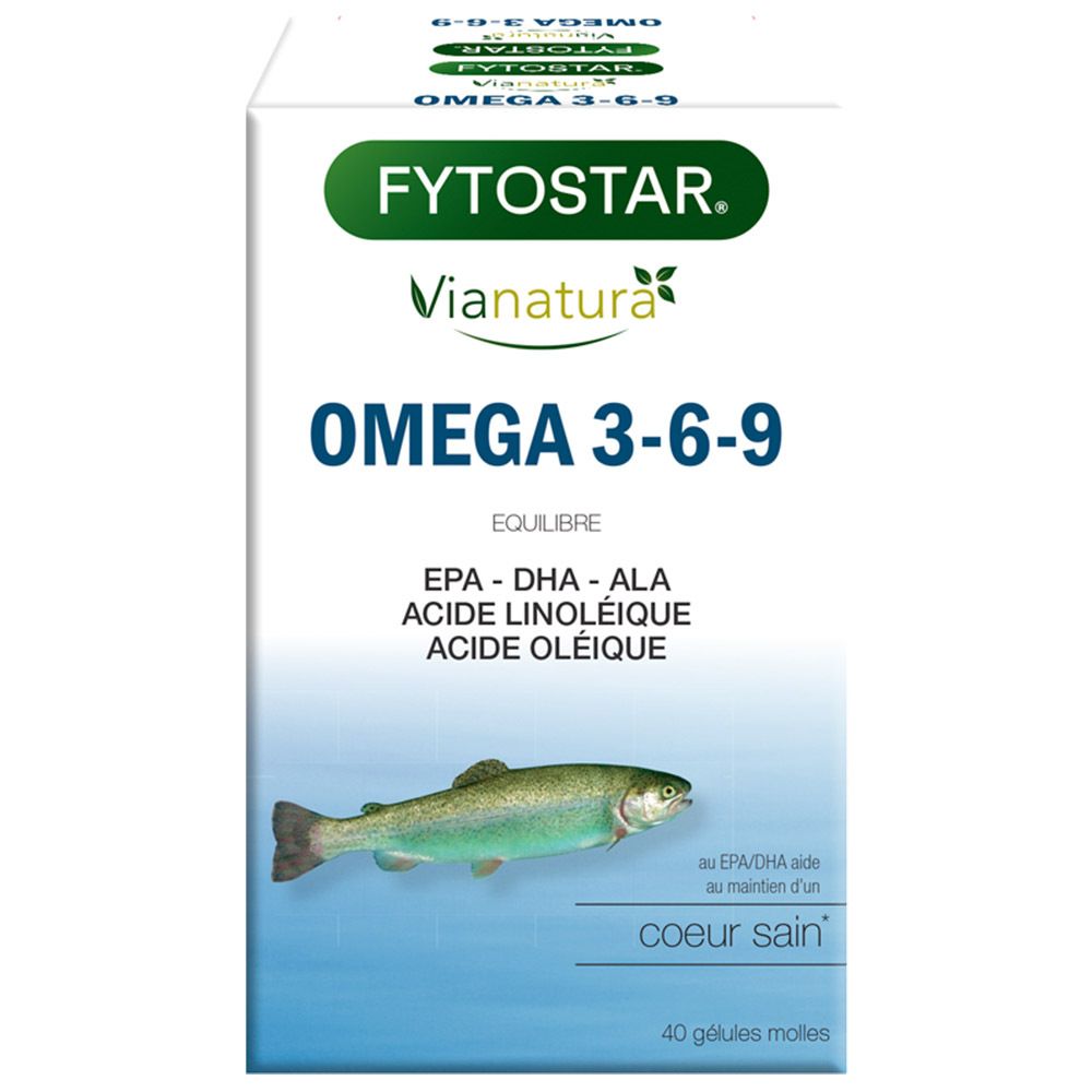 Emballage Fytostar ViaNatura Omega 3-6-9. Inscription: Omega 3-6-9, EPA-DHA-ALA, Acide Linoléique, Acide Oléique. Illustration de poisson.